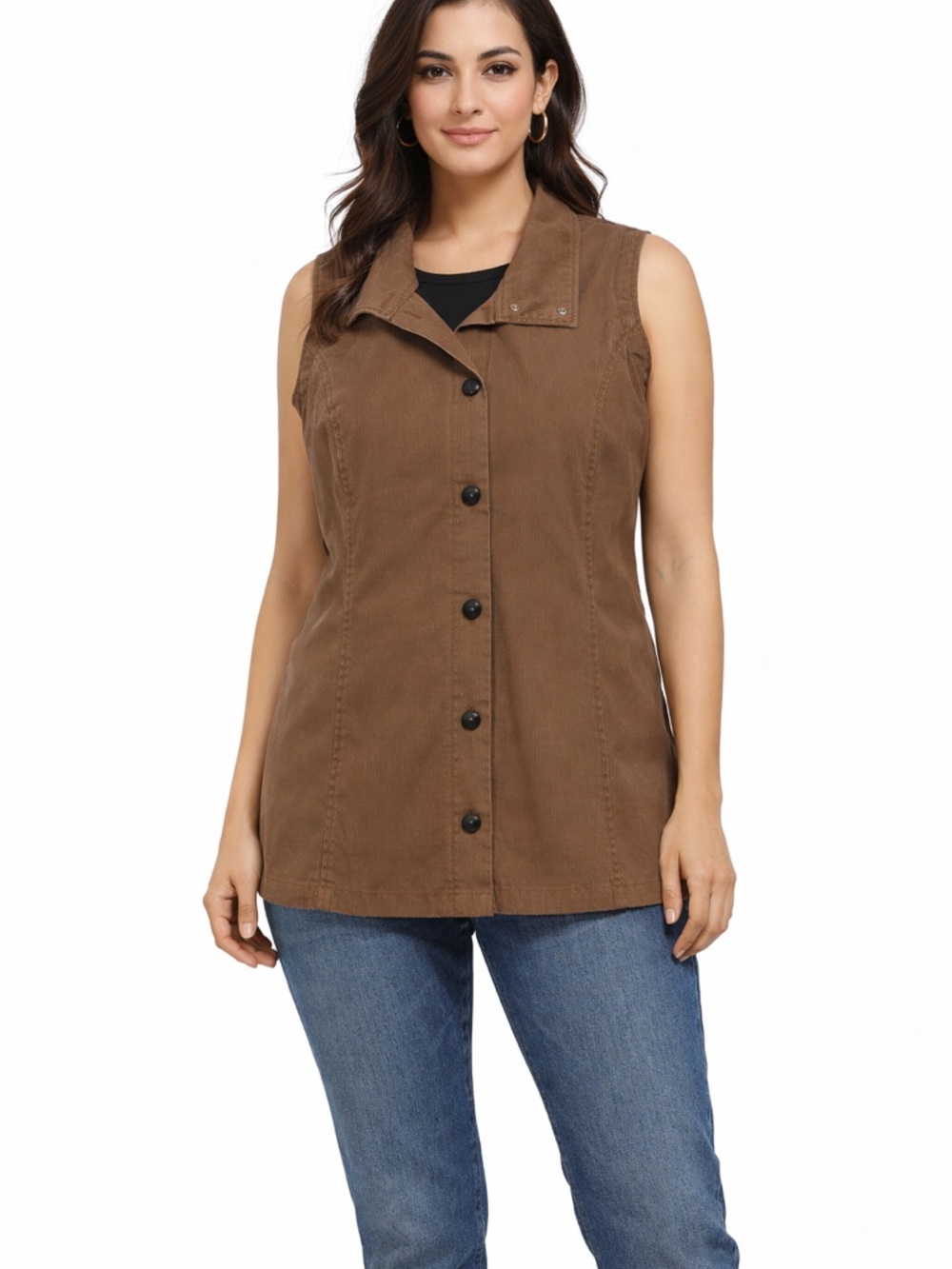 Sleeveless Button-Front Utility Vest in Brown